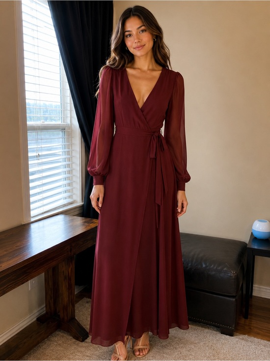 Soieblu Dresses & Skirts - Soieblu Burgundy Long Sleeve Wrap Maxi Dress